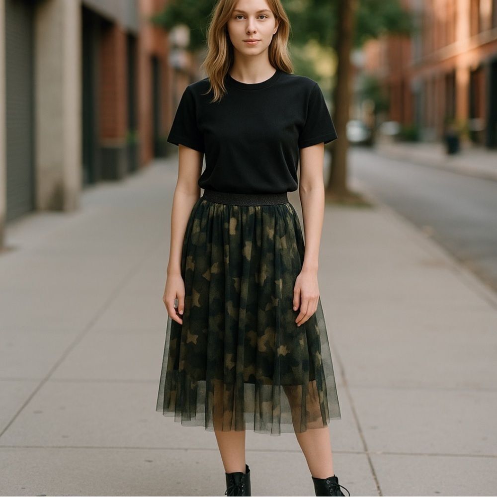 MOLLY BRACKEN Women's Camo Tulle High Rise Midi Skirt Green One Size